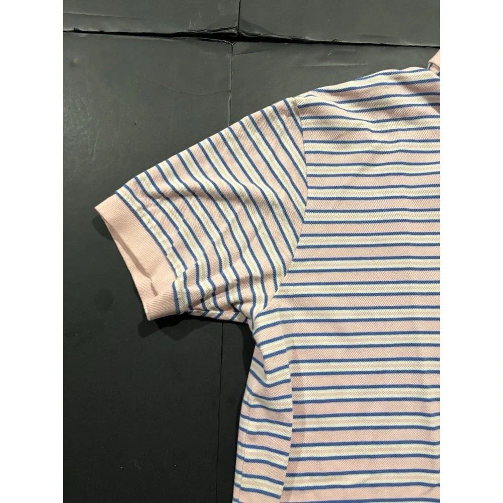 Polo Ralph Lauren Men's Pink Blue and White Striped Short Sleeve Polo Shirt L